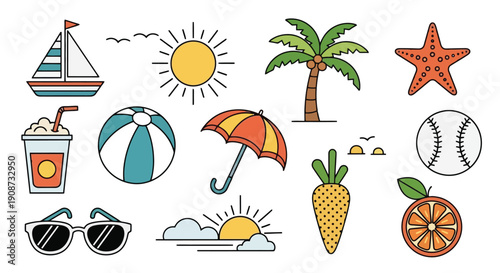 Collection of Summer Vacation and Beach Themed Icons.