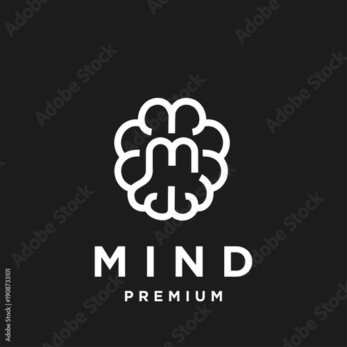 MIND Premium Logo Design with Abstract Brain Shape and Letter M in White on Black Background