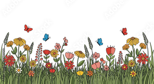 Vibrant Meadow Flowers and Butterflies in Full Bloom.