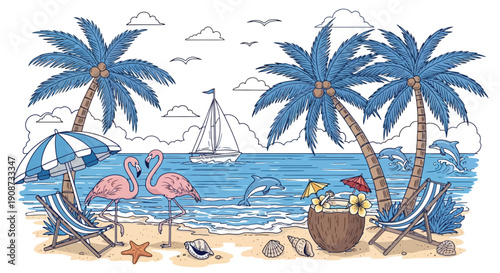 Tropical Beach Scene with Flamingos and Dolphins.
