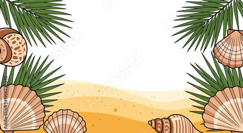 Beautiful Seashells and Palm Leaves Border Design.