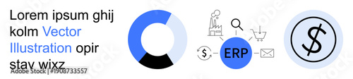 Business solutions, financial analysis, data management, ERP systems, economics, commerce. Circular chart, dollar sign and ERP icon with shopping cart and communication symbols. Business solutions