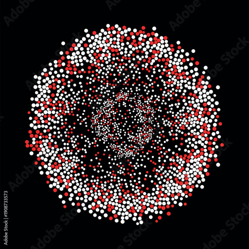 An abstract cluster of red and white dots on a black background. A geometric illustration of particles. Big data and analysis concept.