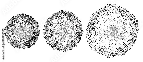Set of expanding spherical particle clusters. Monochrome geometric illustration.