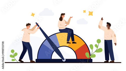 Teamwork concept showing people reducing stress level on a colorful gauge meter, symbolizing mental health improvement, relaxation, and positive mood isolated on white background vector illustration