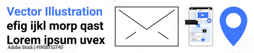 Communication, navigation, digital correspondence, messaging apps, online services, technology. Envelope icon, a smartphone interface and a location pin. Communication and navigation symbols concept