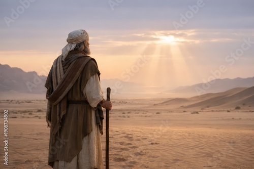 Abraham standing alone in vast desert at dawn, divine calling and destiny