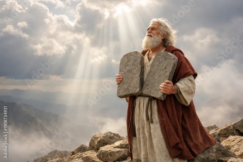 Moses receiving Commandments atop Mount Sinai, clouds and light