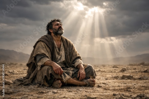 Job seated in barren land as light breaks through clouds, cinematic suffering and faith