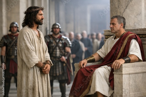 Jesus standing before Pilate in vast hall, power and stillness