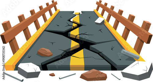 A damaged road with a large crack running down the middle, surrounded by broken concrete and scattered debris.