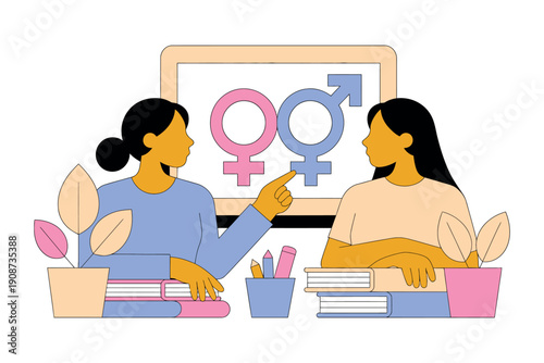 Two women discussing gender equality in a classroom setting with educational materials