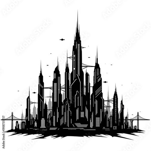 Futuristic cityscape with sleek skyscrapers and flying objects