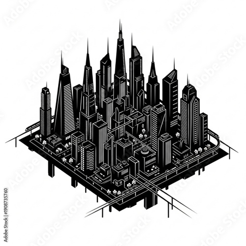Black and white isometric cityscape with skyscrapers