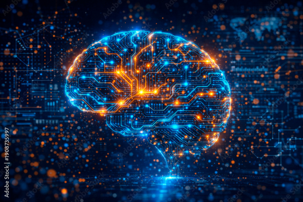 Fototapeta premium Artificial intelligence digital brain concept with neural network, machine learning, big data and futuristic technology background