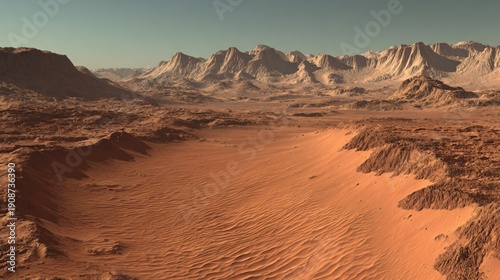 Wallpaper Mural A desolate Martian valley with layered mountains and rippled sand, evoking a sense of ancient history and the planet's enduring, silent narrative of time and space. Torontodigital.ca