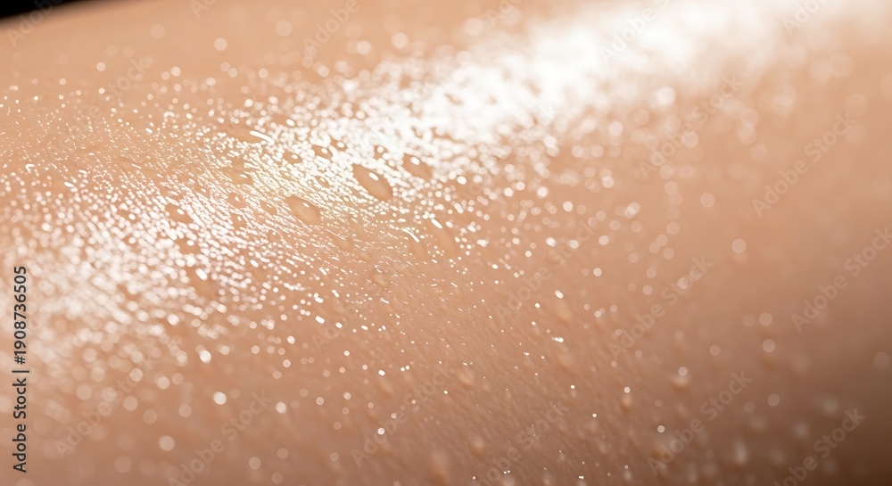 Fototapeta premium Close-up macro shot of human skin glistening with tiny water droplets under bright light