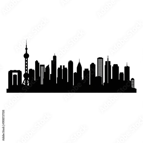 Black silhouette of a city skyline with tall buildings