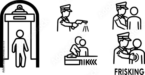 flat and linear set icons, detector metal icon, security check, frisking man, simple symbols on white and black background - editable stroke vector illustration