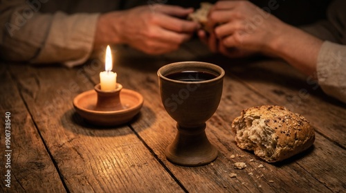 The Last Supper: Jesus breaks bread and shares wine by candlelight. Representation of the Passion of Christ