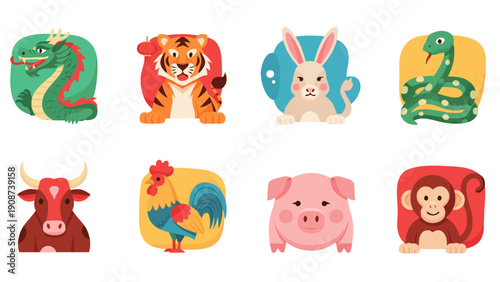 Collection of eight distinct Chinese zodiac animals in a playful, modern illustration style