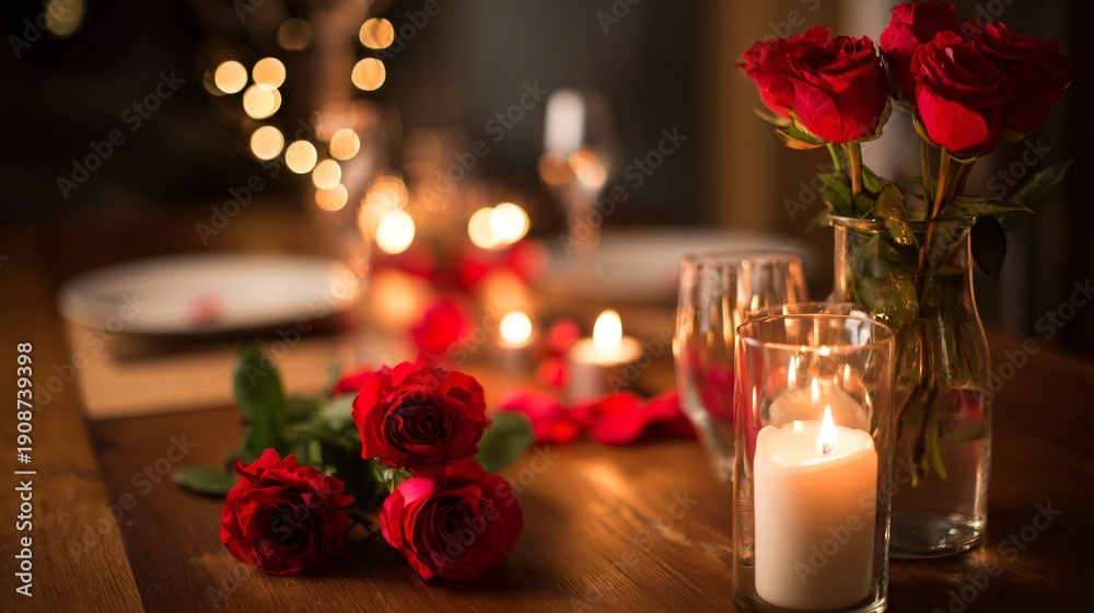 Obraz premium Intimate dinner setting with glowing candles, vibrant red roses, and elegant tableware, creating a warm and inviting atmosphere for a special occasion.