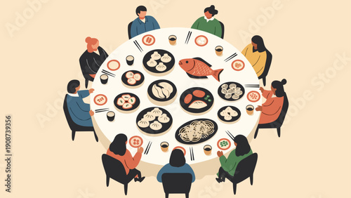 Diverse group of people enjoying a shared meal around a round table with various dishes