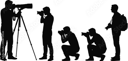 Photographer silhouette collection with camera and tripod, professional photojournalist poses capturing images, creative media industry isolated vector set