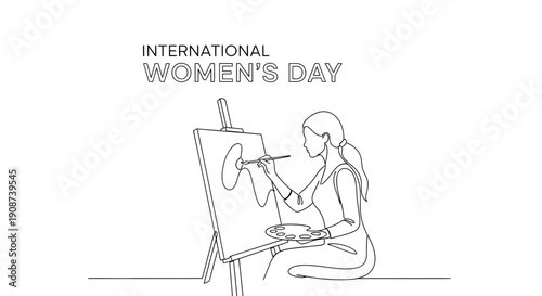 Woman Painting on Easel Continuous Line Art.