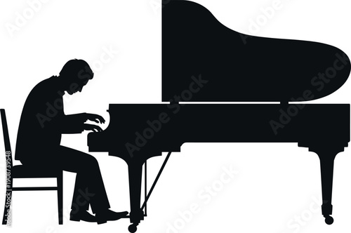 Pianist silhouette playing grand piano, musician seated performing classical music on stage, elegant instrument profile isolated vector illustration