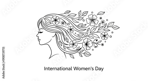 Woman Profile with Floral Hair Illustration.