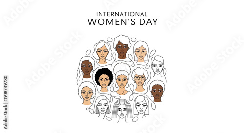 Diverse Women Faces International Womens Day Illustration.