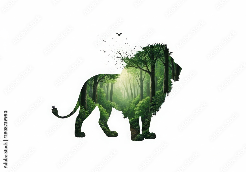 Fototapeta premium Lion made of green leaves isolated on white background
