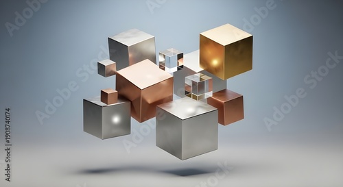 Abstract Composition of Floating Gold, Silver, Copper, and Glass Cubes