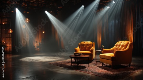 Dramatic studio setting with spotlights illuminating two plush orange armchairs and a coffee table