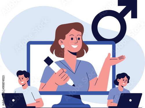 A woman presenting to two colleagues in a virtual meeting with a gender equality symbol