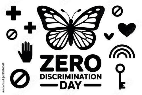 A graphic design for Zero Discrimination Day featuring a butterfly and various symbols.