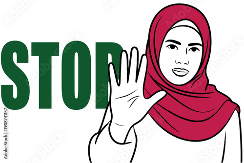 A woman wearing a red hijab gesturing to stop with her hand