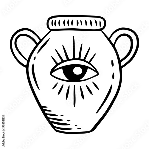Mystical Vessel Jar With All Seeing Eye Symbol Black And White Vector Illustration
