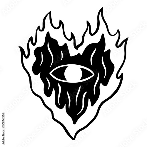 Flaming Heart With All Seeing Eye Symbol Black And White Vector Illustration
