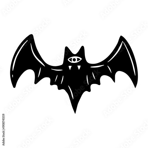 Mystical Bat Silhouette With Eye Symbol Black And White Vector Illustration
