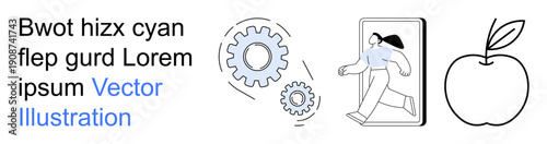 Technology, creativity, education, human innovation, exploration, minimalism. Includes gear symbols, a woman stepping out of a frame and an outlined apple. Technology and creativity concept