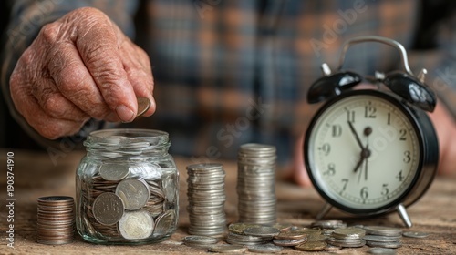 Elderly hand saving coins in jar with stacks of money and alarm clock representing financial