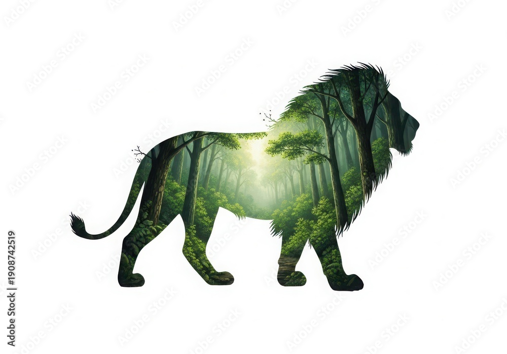 Fototapeta premium Silhouette of a lion with foliage mane isolated on white background