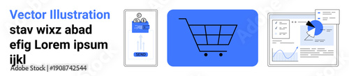 E-commerce, online shopping, business analytics, data management, digital marketing, retail platforms. Shopping cart, mobile app purchase and analytical data charts. E-commerce and business