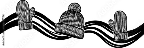 A winter knitted hat with a pom-pom and a pair of mittens on a wavy line, symbolizing warmth, winter holidays, and cozy warm clothing.
