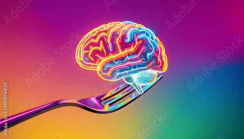 Extremely close up of a colorful brain sculpture balanced on a shiny fork against a vibrant neon gradient background. Concept of overthinking, mental overload, creativity, stress, decision making, ad