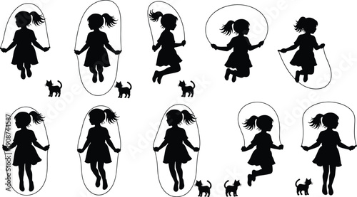 Vector, black, silhouette, illustration, set, of, a, little, girl, jumping, rope, in, various, poses, with, a, small, cat, for, childhood, play, and, active, lifestyle, design