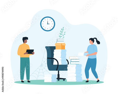 Shortage of office staff and hiring crisis, urgent search for talent candidates. Tiny people carry stacks and piles of paper documents to empty chair of wanted employee cartoon vector illustration