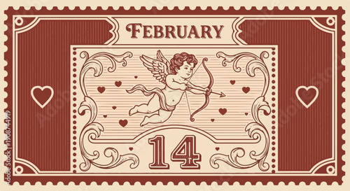 Vintage Valentine Calendar with Classic Cupid, Retro Typography and Postage Stamp Style Vector Illustration